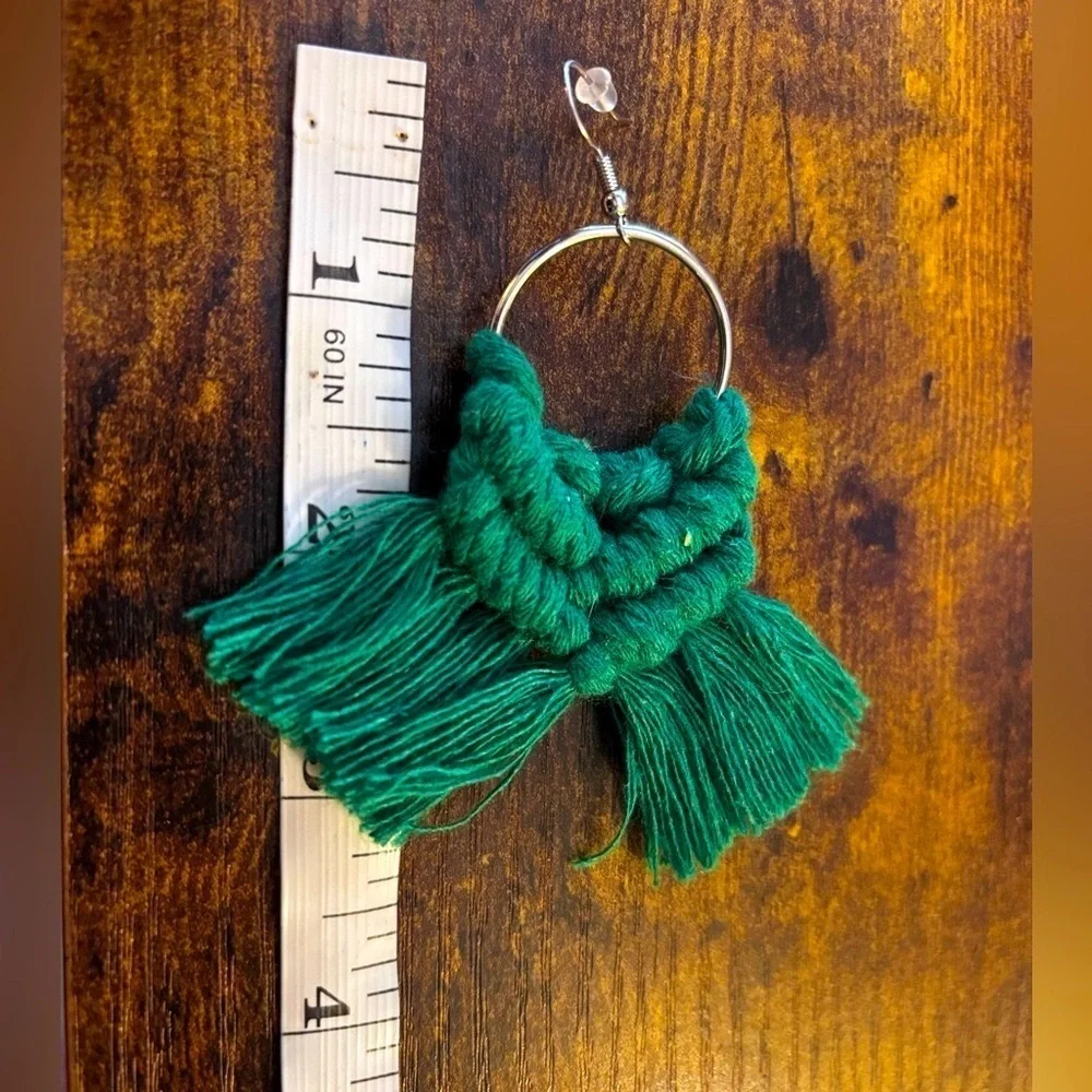 Kelly Green Macramé Tassel Hoop Earrings